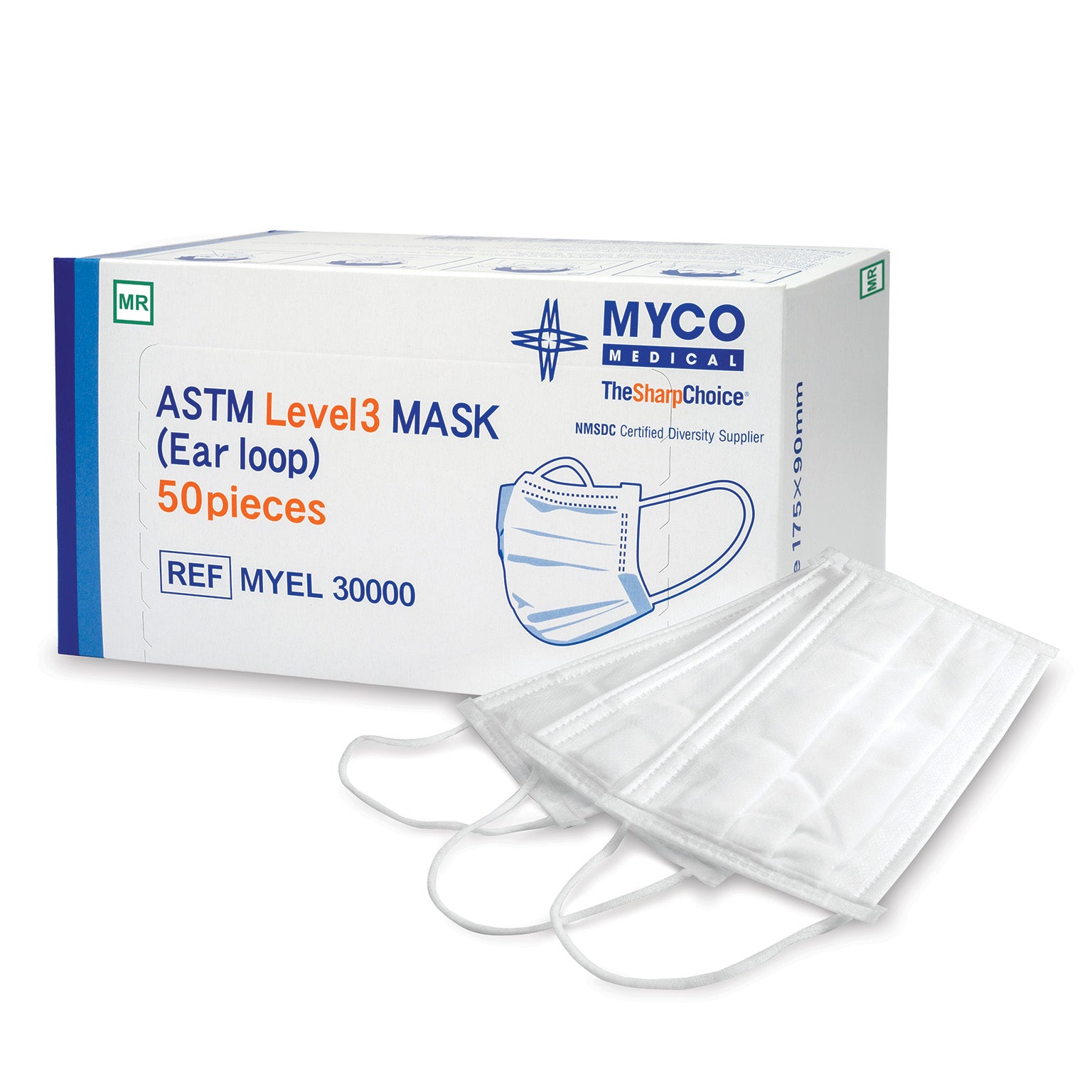 MRI Safe Procedure Mask, ASTM Level 3, Earloop - Myco (Box of 50)